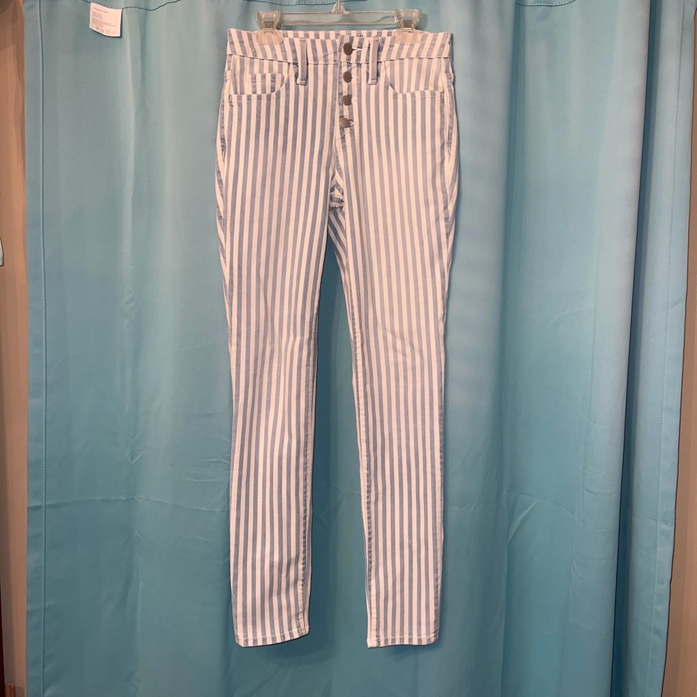 Light blue and white striped high waisted jeans